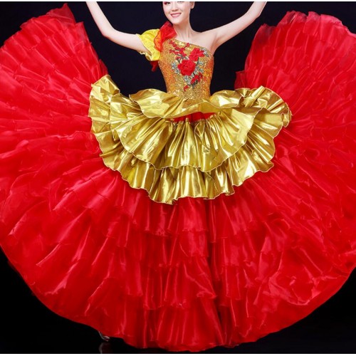 flamenco dress for women's girls  red with gold spanish bull  dance dresses samba dress modern dance opening dance big skirted dress
